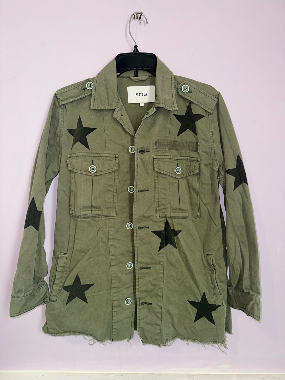 Pistola Olive Green Star Print Military Utility Jacket XS Grunge